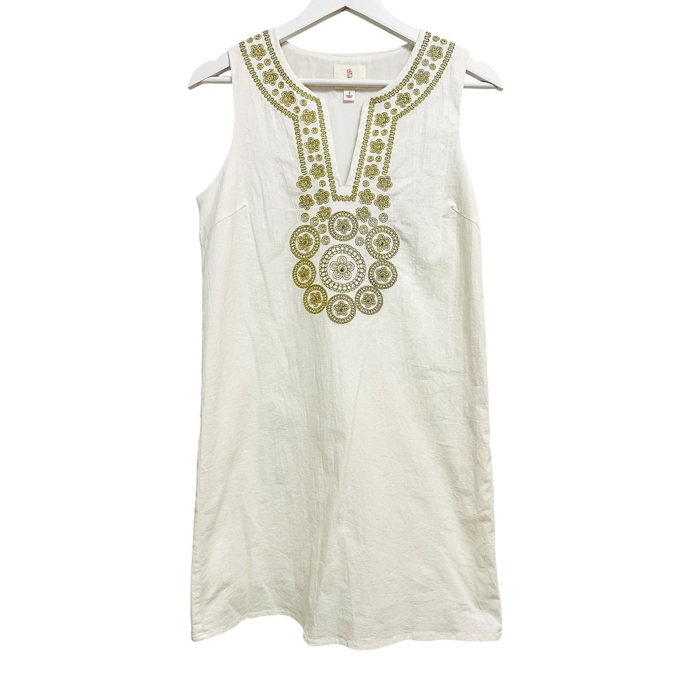 Julie Brown NYC Shift Dress Women 2 White Gold Embroidered V-Neck Summer Coastal